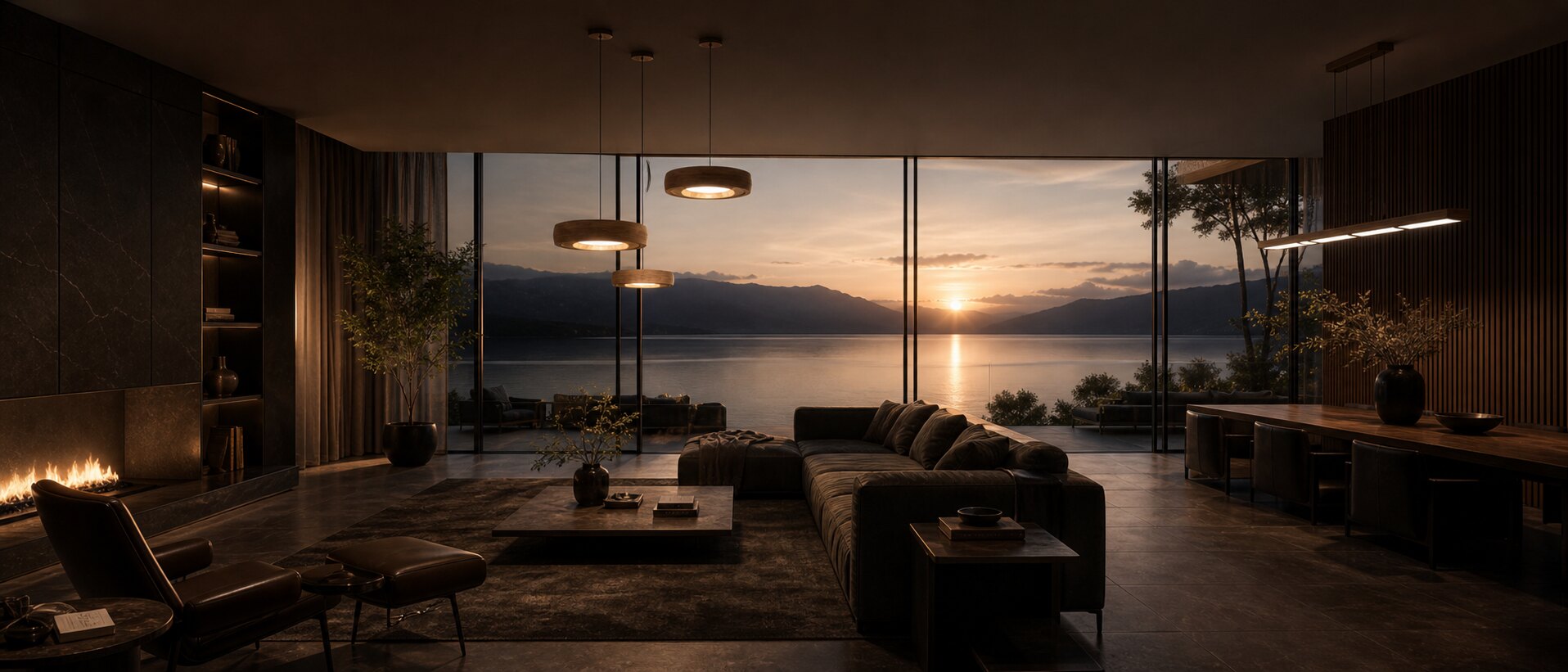 Premium-Raum mit Blick auf Sonnenaufgang und Quantlight-Leuchten